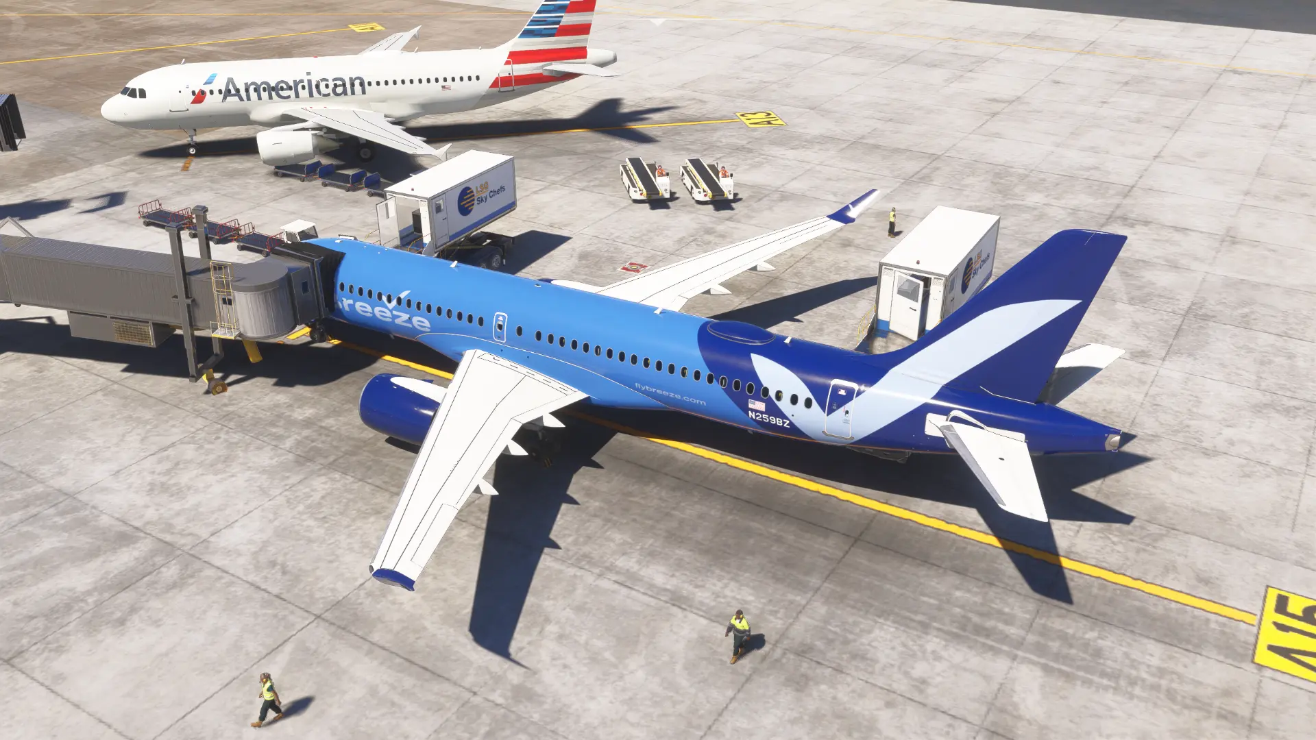 Breeze Airbus A220-300 viewed from above during gate servicing in flight simulator
