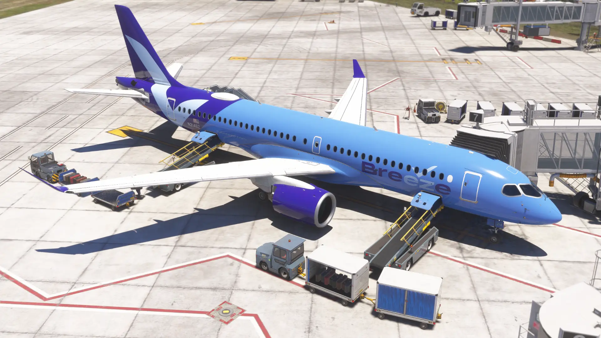 Breeze Airbus A220-300 parked at the gate in flight simulator