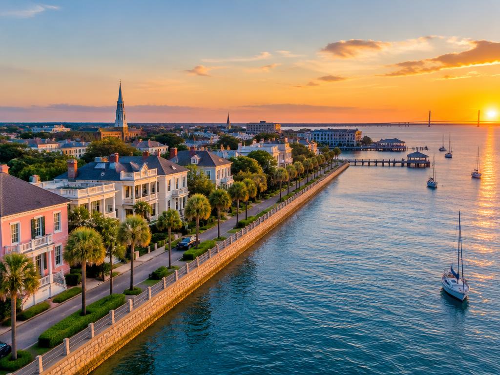 Charleston waterfront and the Battery at sunset